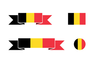 Set of Belgian Flag or Flag of Belgium including Short and Long Folded Ribbon Banner Style, Standard Plain and Round Shapes. Vector Image.