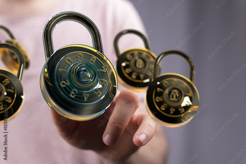 Poster Cybersecurity and data protection.  Safeguard your information with strong passwords and encryption.