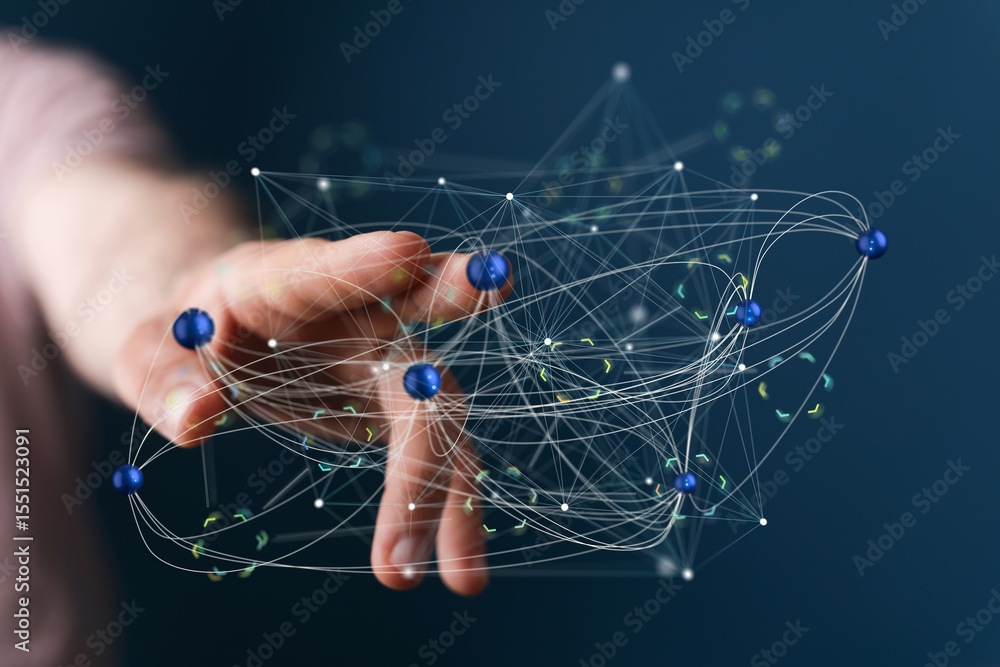 Poster Abstract image of a hand interacting with a complex network.  Perfect for technology, connection, and global concepts.
