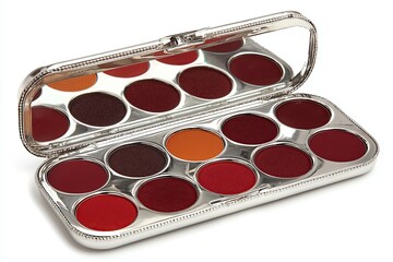 Open makeup palette with array of warm toned eyeshadows and silver compact case