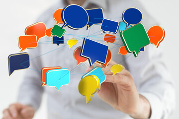 Diverse speech bubbles illustrate global communication and networking.