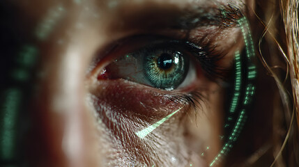 Close-up of a person's iris with a futuristic scanning reticle analyzing unique features of the eye