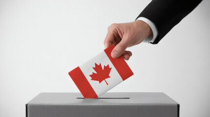 a formally dressed hand dropping a small Canadian flag into a ballot box, representing civic duty and democratic process