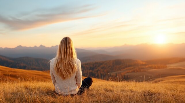 A woman sitting peacefully on a hillside during sunset, surrounded by majestic mountains and a golden sky, evoking feelings of tranquility and connection with nature.