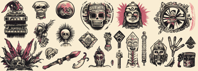 In a vintage traditional tattooing style, the ancient Maya Civilization is celebrated through an old school tattoo collection that highlights the cultural heritage of the Maya, Aztecs, and Incas,