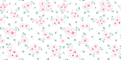 Soft pastel seamless floral pattern. pink flowers and green leaves on white background ideal for spring fashion, stationery, textile and baby products.