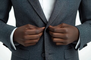  Stylist buttoning jacket on model on white background, upright posture and clean lines emphasize premium tailoring and careful hand positioning