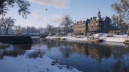 Serene winter scene snow-covered banks, calm river reflecting a grand, historic building, and leaf-strewn trees under a pale sky