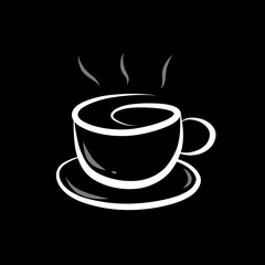 Stylized black and white coffee cup icon with steam, set on a saucer, against a black background. Ideal for café logos, branding, or modern coffee-themed designs.