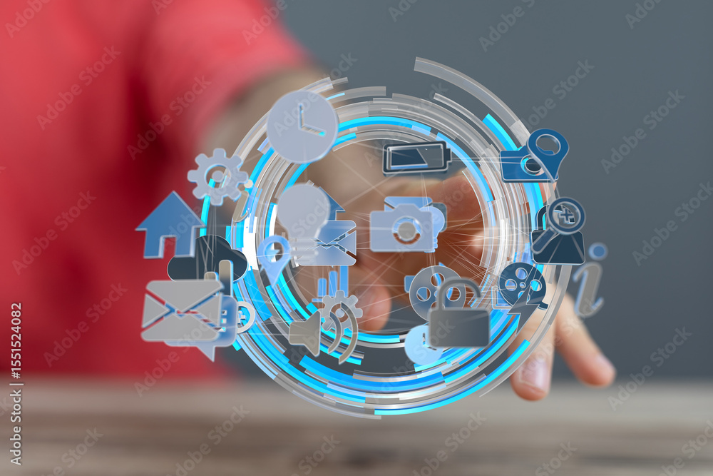 Poster Person interacts with a digital interface showing various app icons, representing a global network.