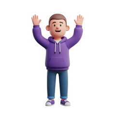 3d cartoon character in purple hoodie raising hands joyfully on transparent background.