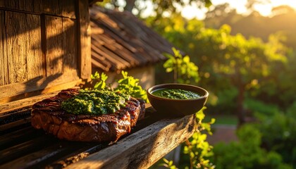 Grilled Steak with Chimichurri, Sunset, BBQ, and Garden.