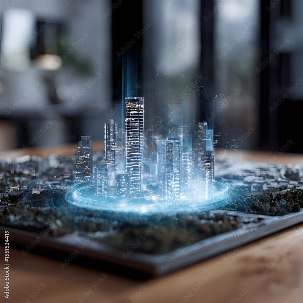 Aufkleber smart holographic ui floating above a miniature city model displaying real estate values