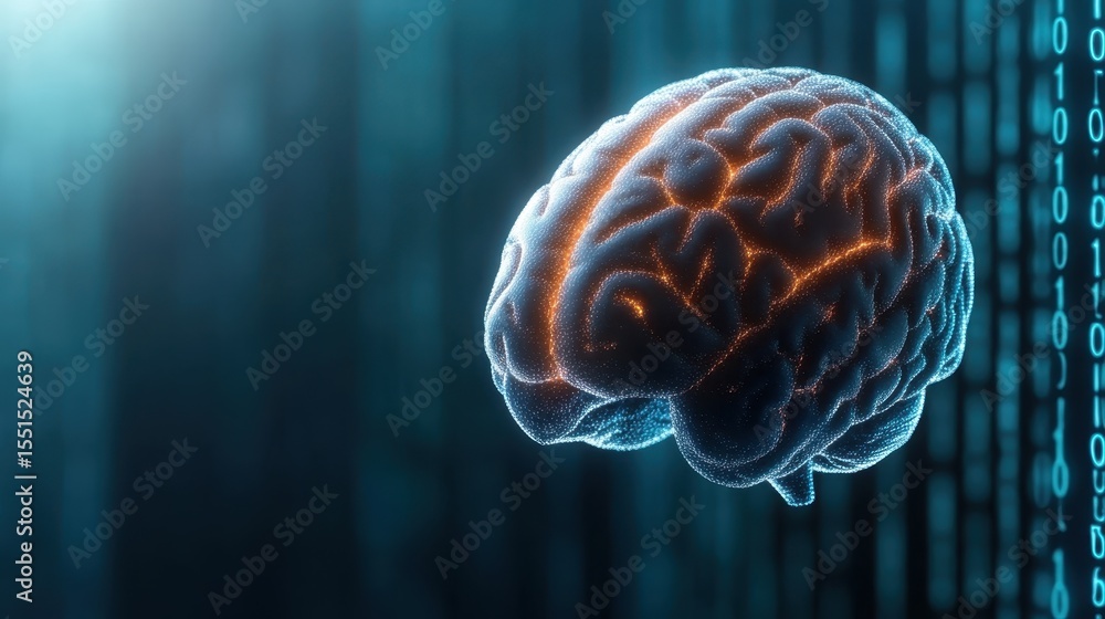 Poster this abstract representation of a brain illuminated by digital elements symbolizes thought, intellig