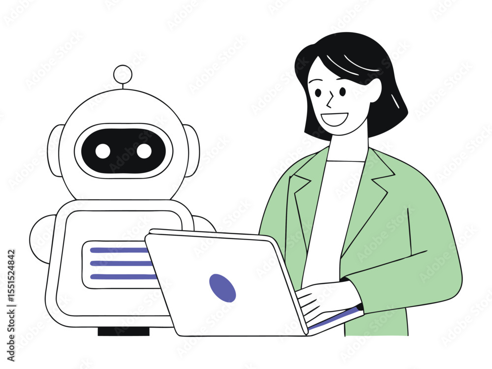 Poster woman working with robot assistant using laptop computer