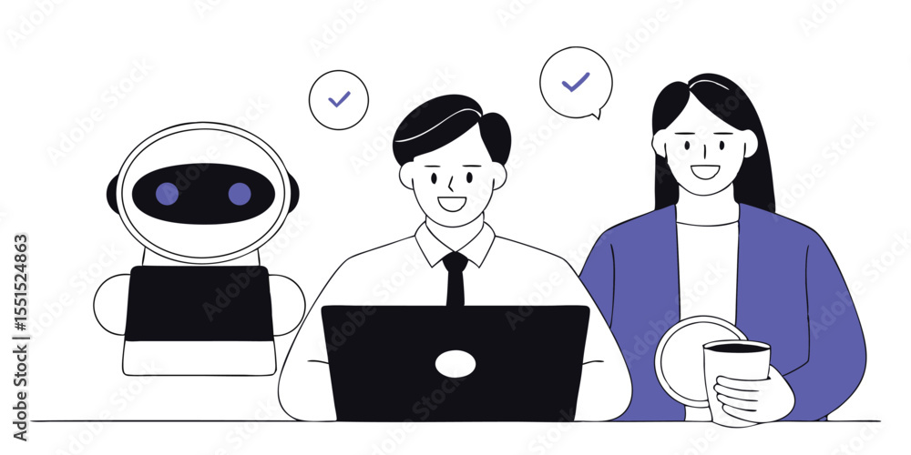 Poster businesspeople collaborating with ai assistance for efficient workflow