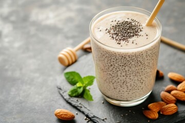 Refreshing almond milk with chia seeds and honey kitchen countertop food photography modern setting close-up healthy beverage concept