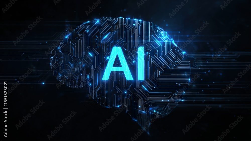 Aufkleber glowing ai text over brain shaped circuit board on a dark background view