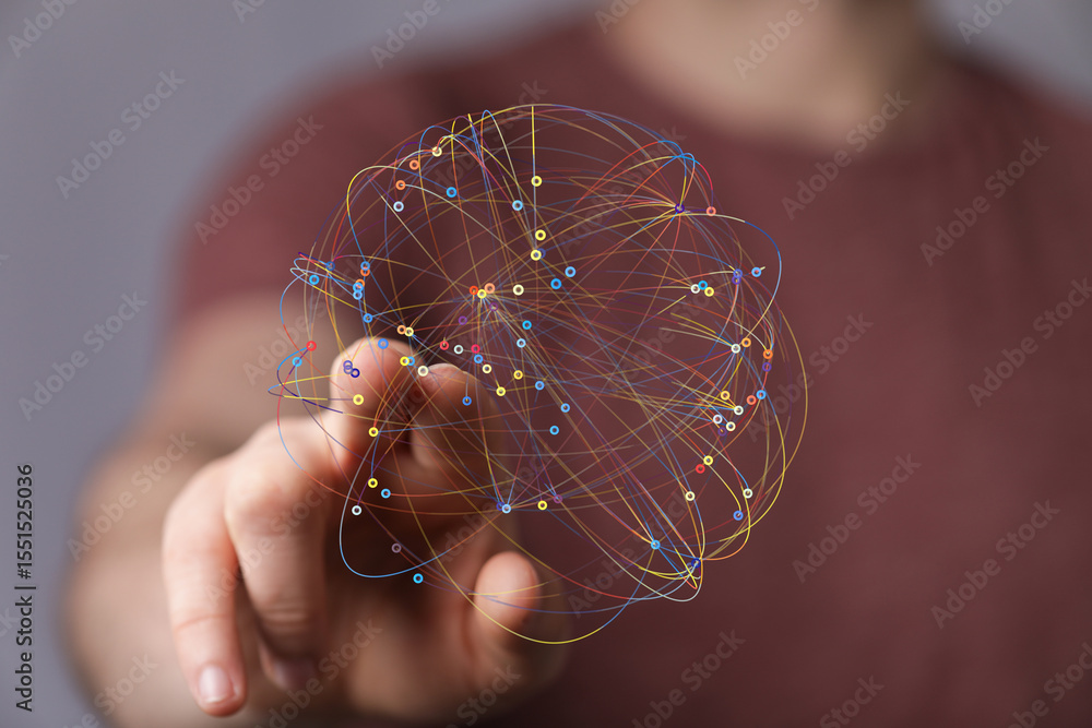 Poster Abstract image of a hand interacting with a network of interconnected points, symbolizing global connectivity and digital interaction.