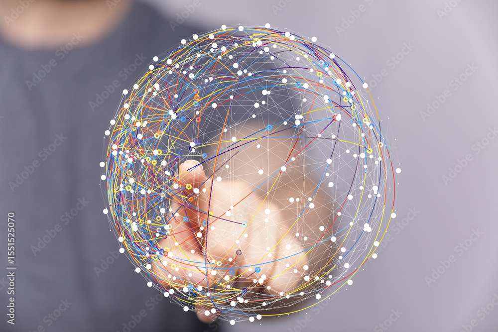 Poster Hand interacting with a digital sphere, representing global network and connection.