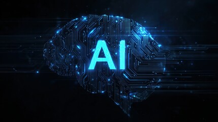 Glowing ai text over brain shaped circuit board on a dark background view