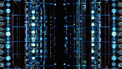 Complex arrangement of illuminated components creating luminous grid on a dark background