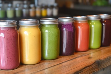 Colorful rainbow smoothie jars displayed on rustic wooden table modern kitchen beverage photography vibrant atmosphere close-up shot