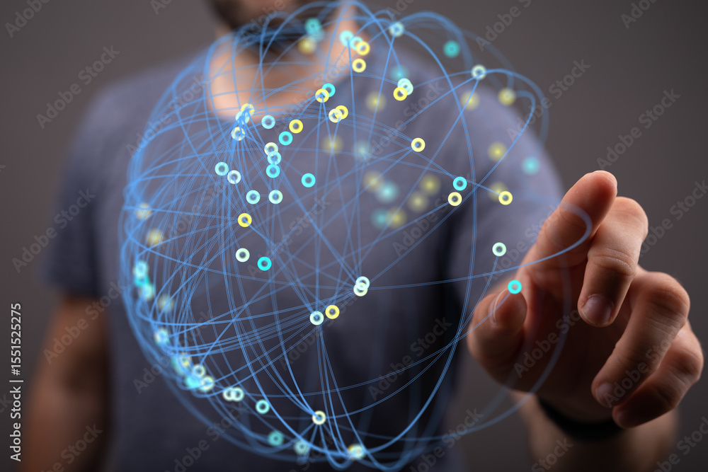 Poster Abstract image of a person interacting with a digital network. Represents connection, technology, and global communication.