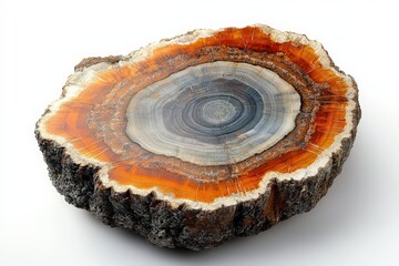  Cross-section of tree trunk on white background, polished circular slice with detailed rings, natural cracks and intact bark rim