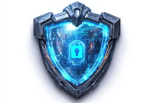  Cybersecurity icon on white background, 3D shield with binary code overlay and lock symbol glowing in center, sleek and digital feel