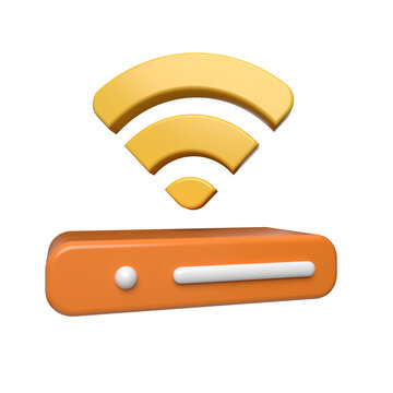 3d rendered orange router device emitting a yellow wifi signal on black background