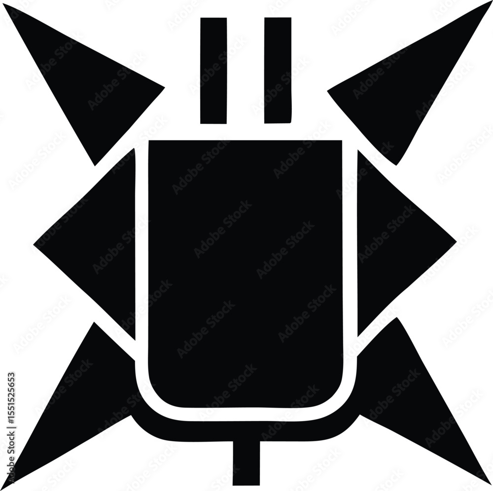 Poster abstract geometric black and white graphic symbol featuring a central shield like shape with radiati