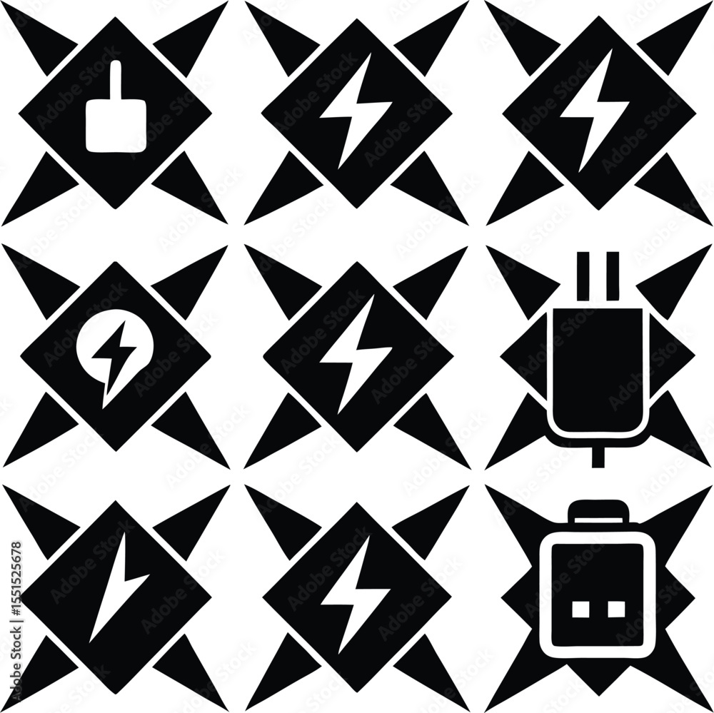 Poster a repeating pattern of black and white icons representing electrical power and charging technology i
