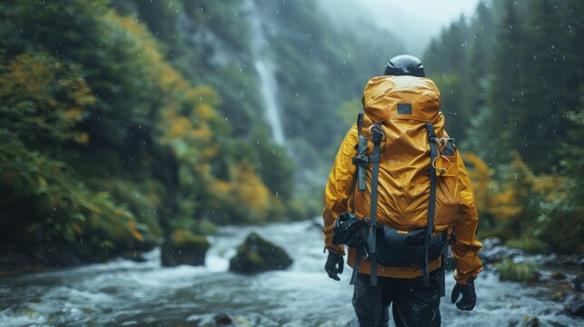 An adventurer stands in a rainy forest by a magnificent waterfall, showcasing resilience and the beauty of nature amidst the challenges of the weather in a picturesque environment. - Powered by Adobe