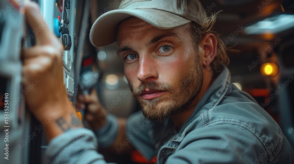Poster a close-up portrait of a focused man adjusting controls in a complex environment, depicting elements