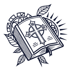 Vector art of stylized illustration of an open bible with a prominent cross on its pages, surrounded by leaves and a sunburst, isolated on white background