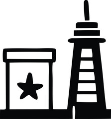 Stylized black and white silhouette of a lighthouse next to a rectangular structure with a star emblem representing a beacon and a landmark