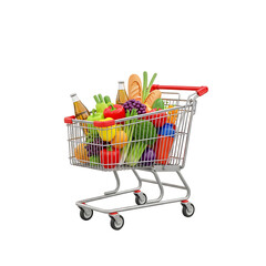 Shopping cart filled with a variety of fresh groceries including fruits vegetables and bread on transparent background.