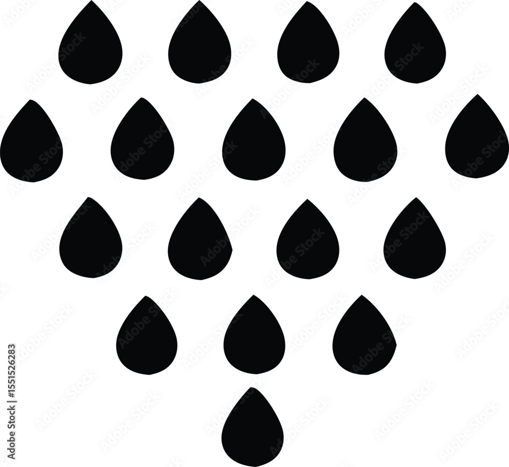 Poster a stylized pattern of black teardrop shapes arranged in a triangular formation against a stark white