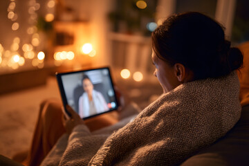 A woman lounging on her couch, wrapped in a blanket while using a tablet at home.