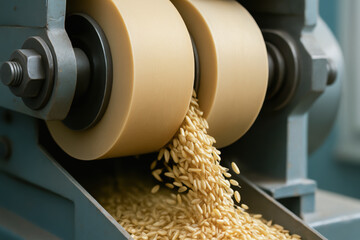 Rice mill production process with close up of machine rollers crushing grains for efficient milling and processing of rice in industrial facility