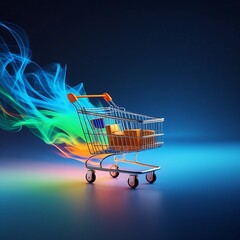 A shopping cart in motion with colorful motion blur trails, symbolizing fast e-commerce, isolated on a gradient background, cinematic lighting, minimalist futuristic look