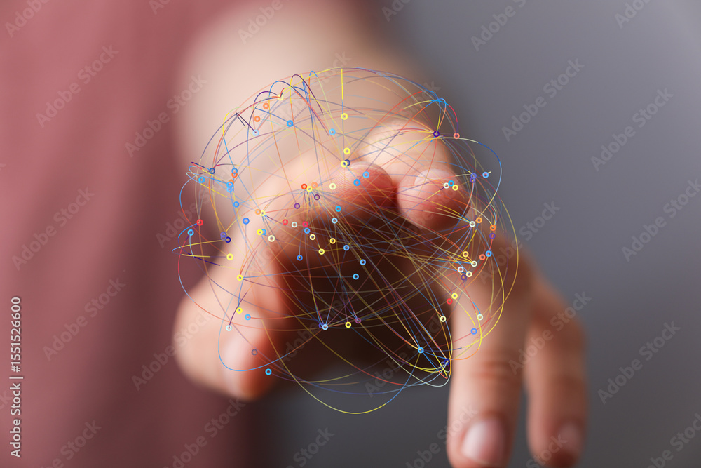 Aufkleber Abstract image of hand interacting with a digital network, representing global connections and technology.