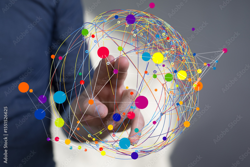 Poster Abstract image of a hand interacting with a colorful digital network sphere, representing global connections and data.