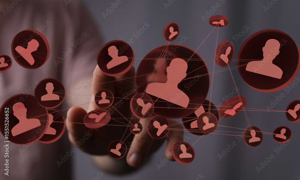 Poster hand interacting with a network of digital profiles, symbolizing connections and community.