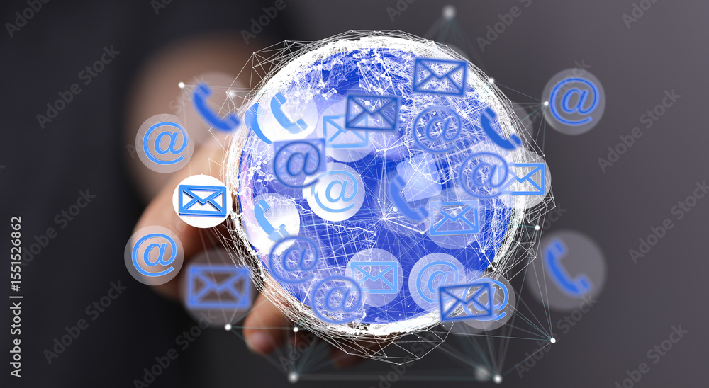 Poster image depicts a person interacting with a digital globe showing email, phone, and internet connectio