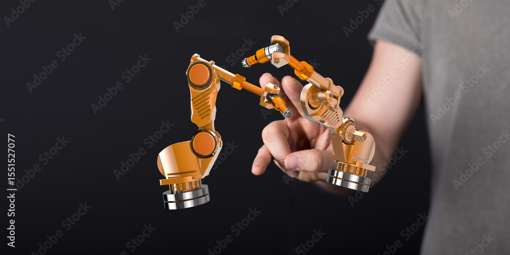 Poster image of a person's hand interacting with a 3d model of a robotic arm. perfect for technology, autom