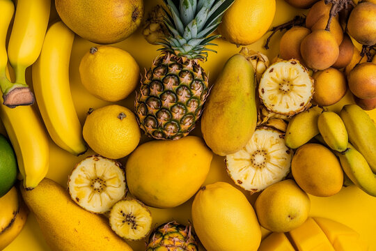 Bright assortment of yellow fruits including bananas and pineapples