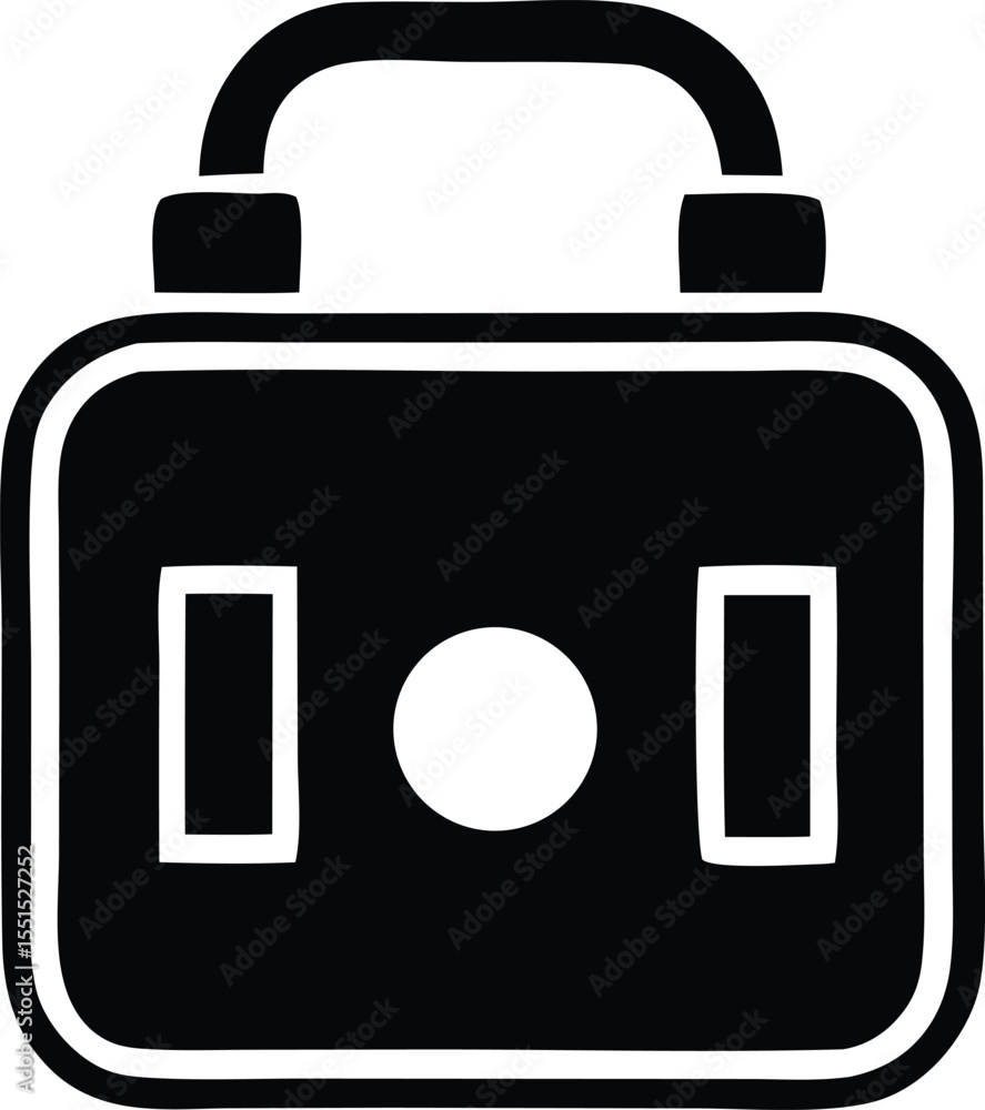 Poster stylized black and white icon of a briefcase with a circular emblem and rectangular pockets