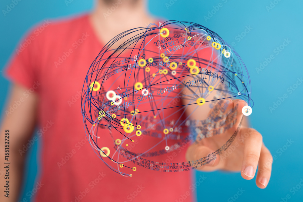 Poster A person interacts with a digital globe, visualizing connections and data flow.